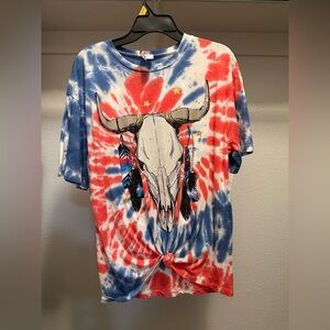Red and Blue Tie-Dye women Shirt with Skull Design